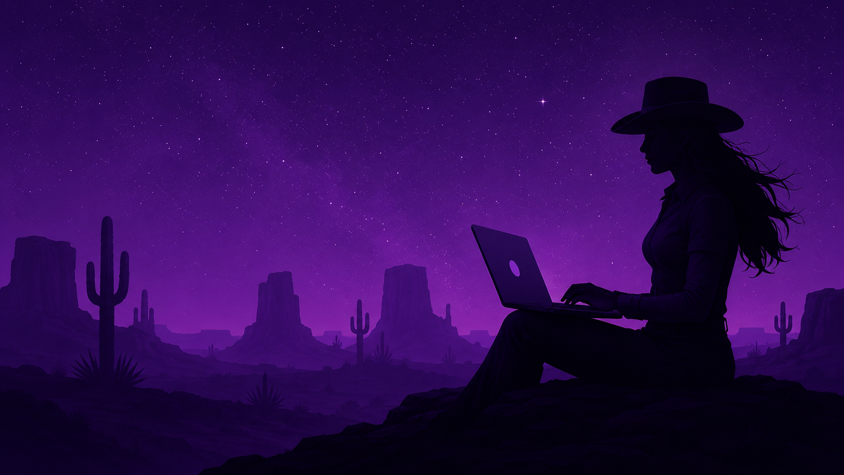 Silhouette of a cowgirl coding under a starry desert sky